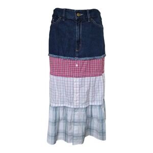 MATCH Women's Denim Patchwork Skirt Plaid Tiered Maxi Made USA Size 6